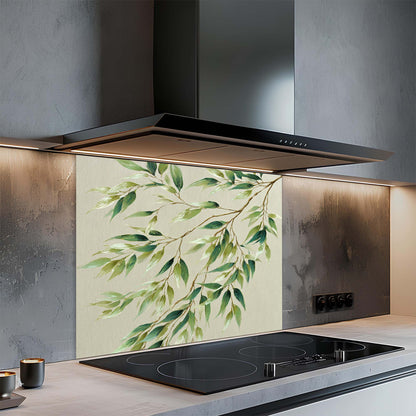 Olive Whisper – Tempered Glass Backsplash for Kitchen – Green Botanical Splashback