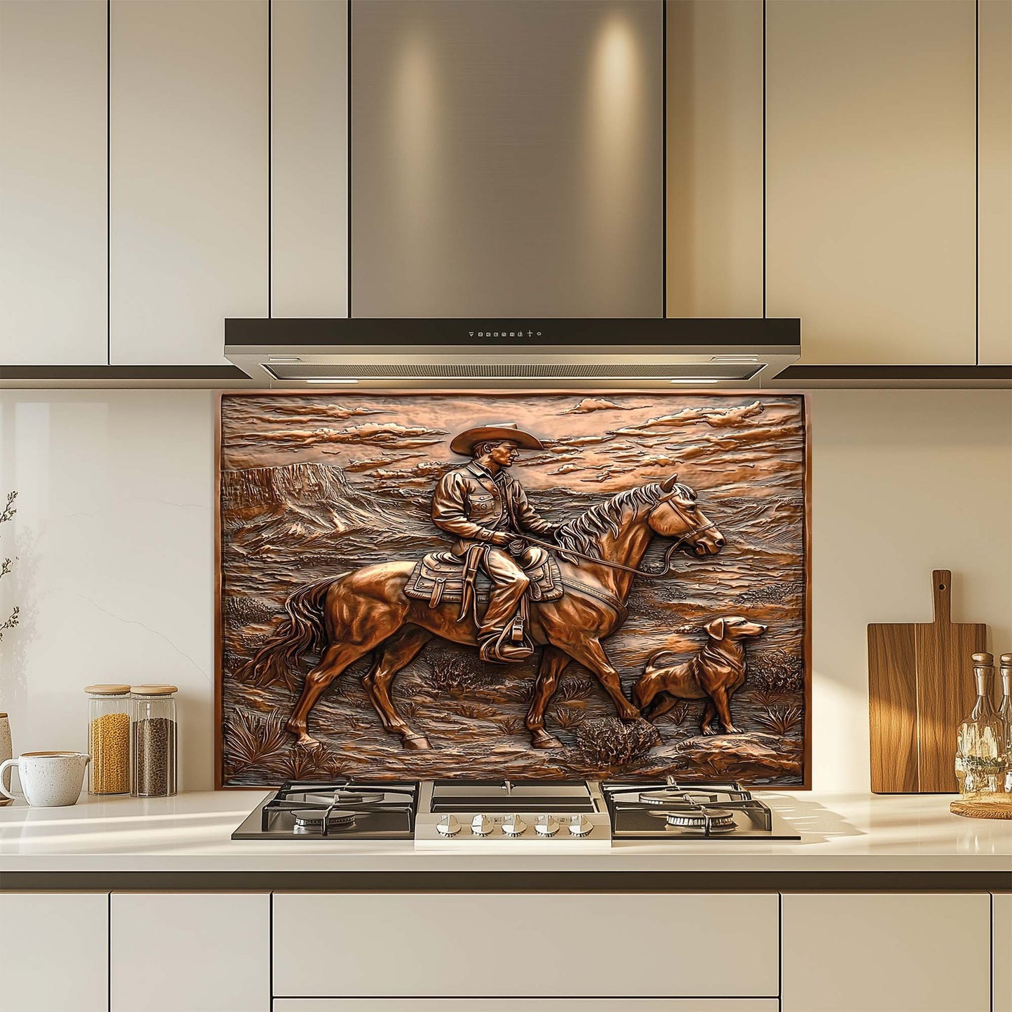 Desert Trail – Tempered Glass Backsplash with Cowboy and Dog | Western Backsplash