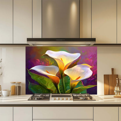 Luminous Calla Bloom – Tempered Glass Backsplash for Kitchen | Glowing Floral Backsplash