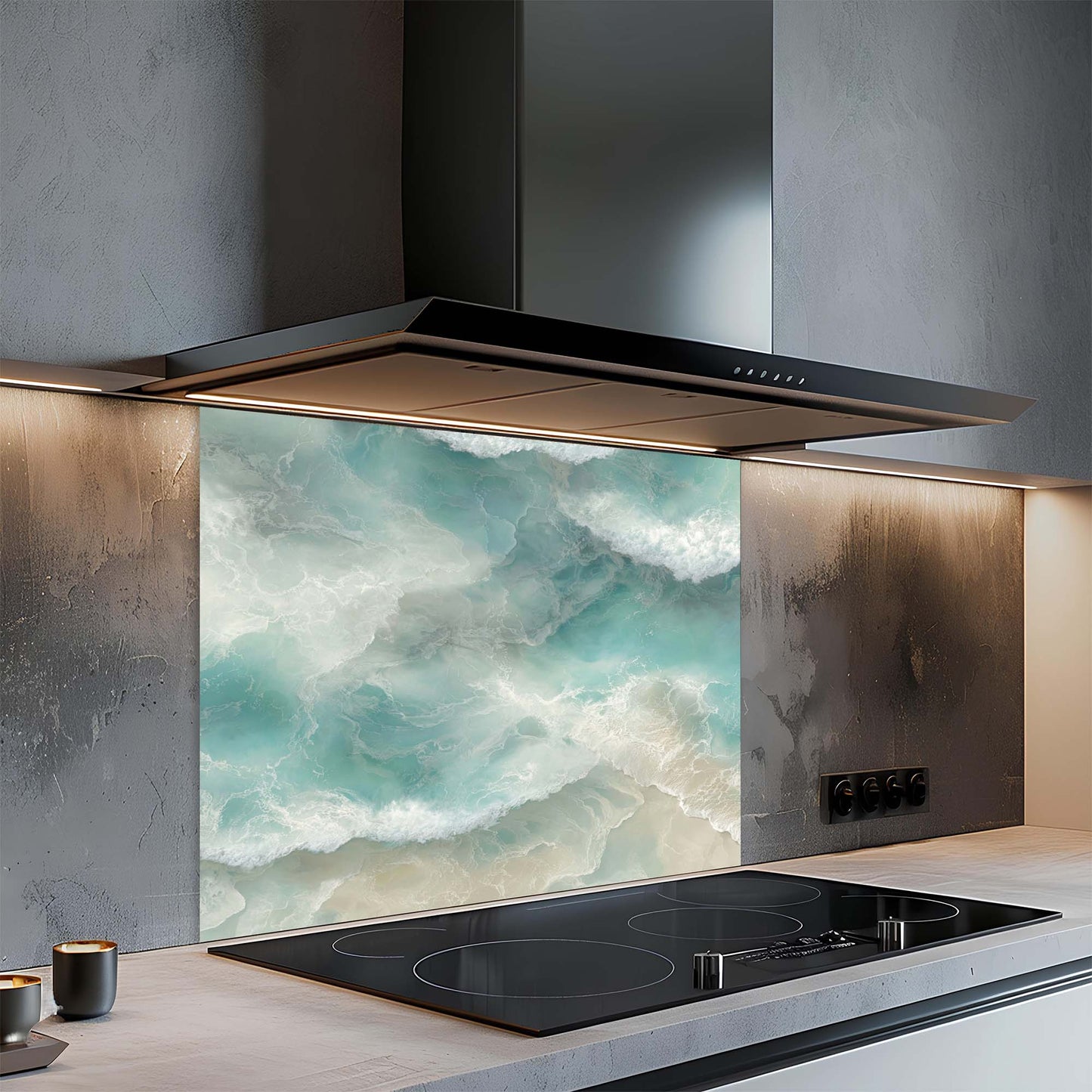 Coastal Tide – Tempered Glass Backsplash for Kitchen | Aerial Ocean Wave Backsplash