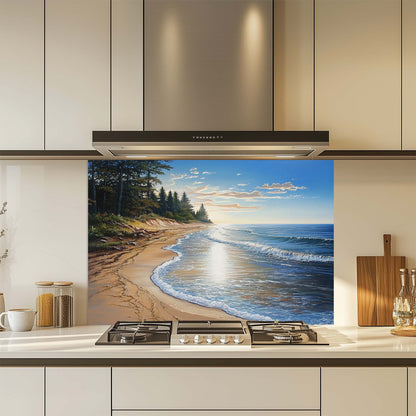 Pine Shore – Tempered Glass Backsplash for Kitchen | Coastal Pine Forest Landscape Backsplash