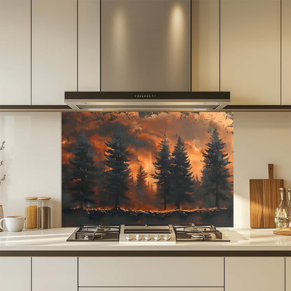 Ash Rise – Tempered Glass Backsplash for Kitchen Stove | Wild Forest in Fire Scene Backsplash
