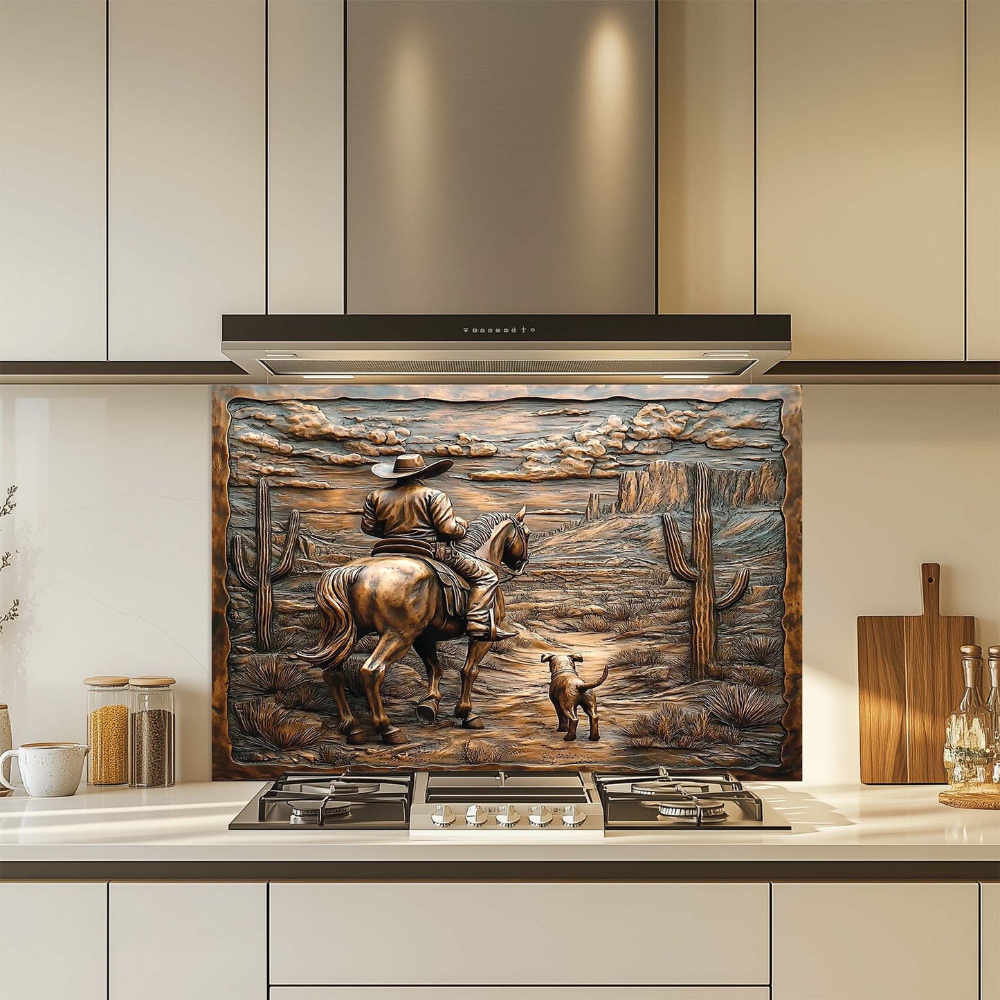 Desert Trail – Tempered Glass Backsplash with Cowboy and Dog | Western Backsplash (Copy)