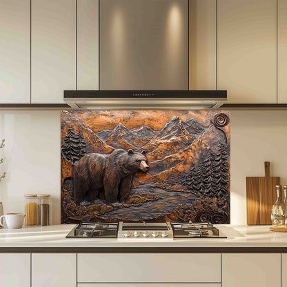 Rustic Style Tempered Glass Backsplash – Bear and Mountain River Kitchen Panel