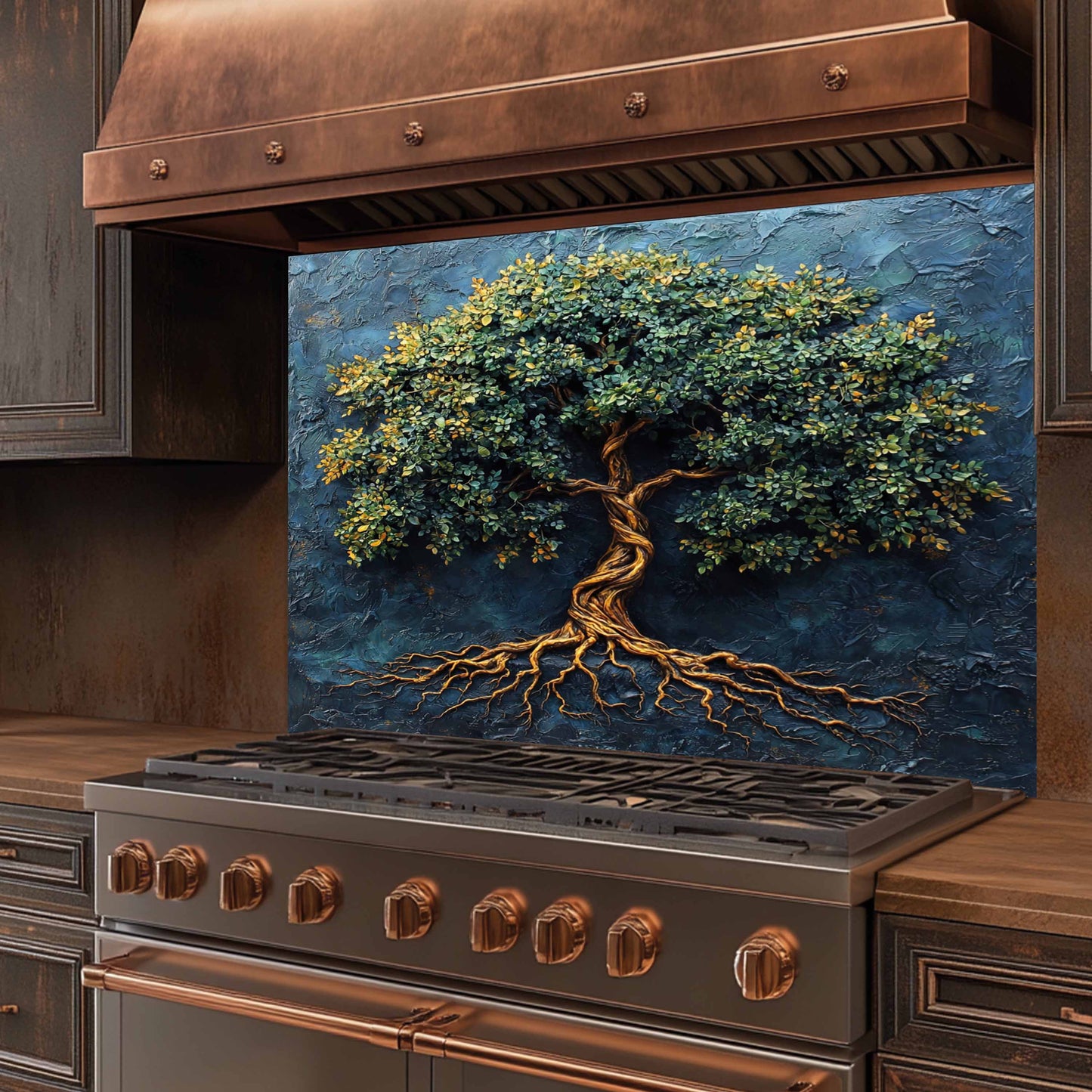 Blue Tree of Life Tempered Glass Backsplash – Kitchen Stove Backsplash