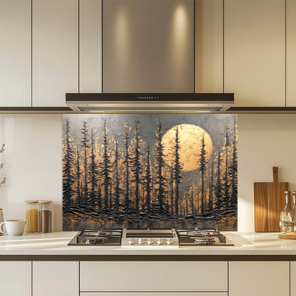 Golden Moonrise – Tempered Glass Backsplash for Stove | Dark Forest Silhouette Backsplash
