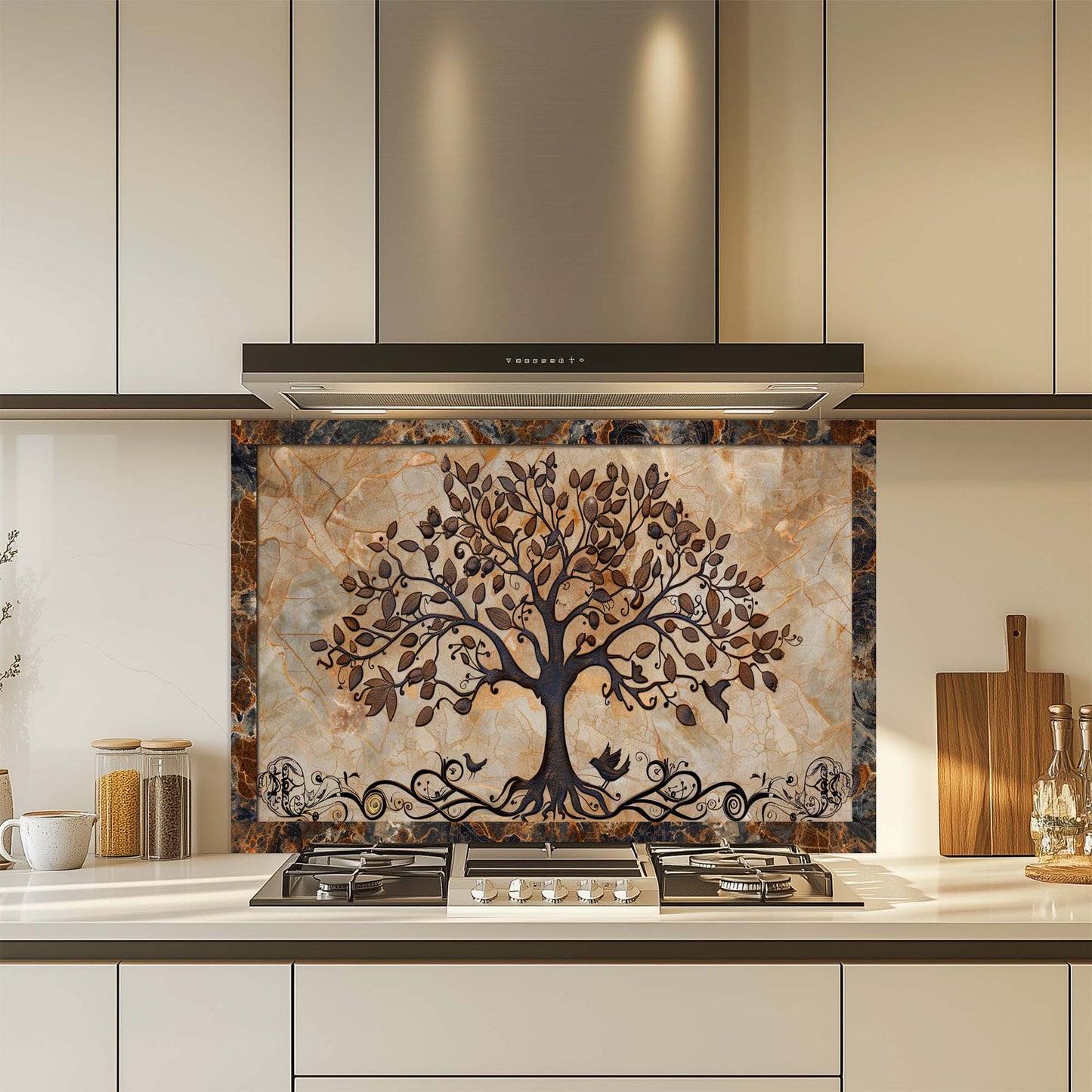 Rooted Melody – Tempered Glass Backsplash for Kitchen | Tree of Life with Birds Backsplash