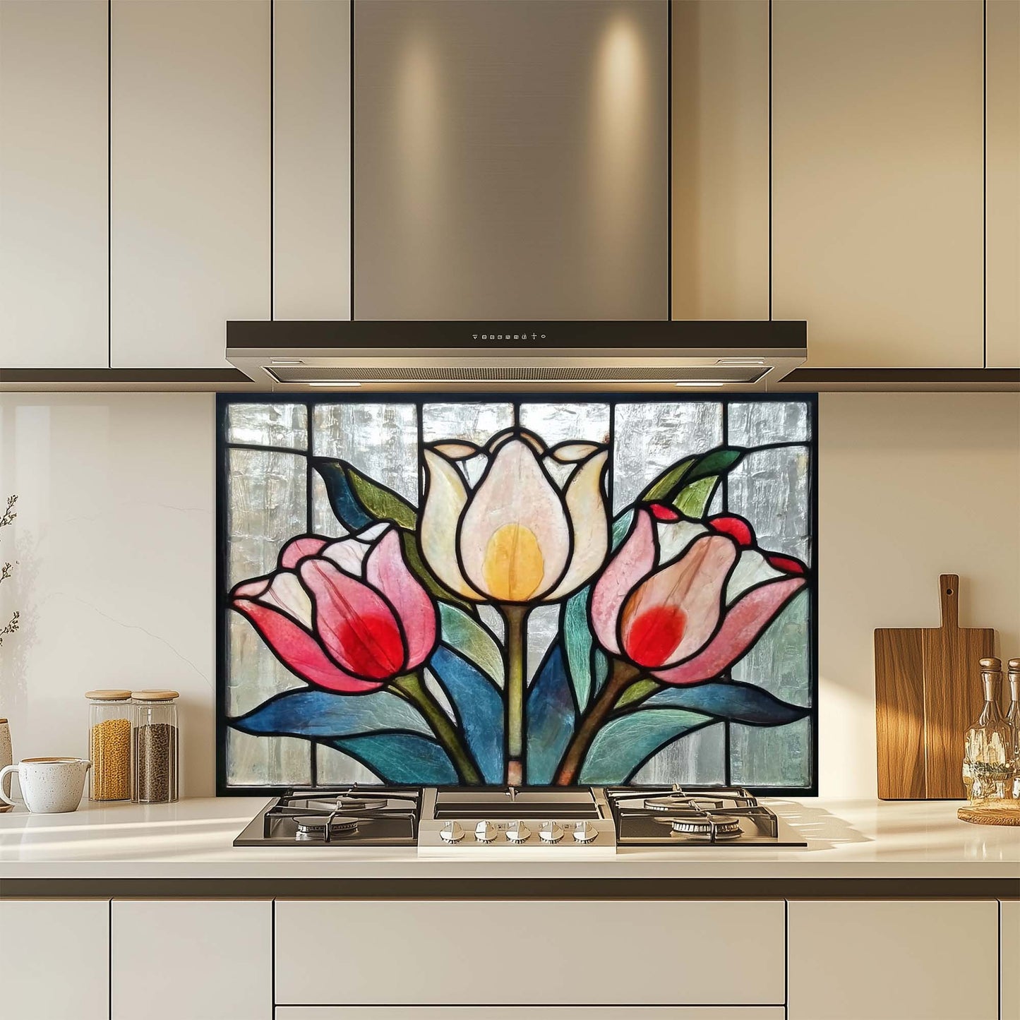 Tulip Trio – Tempered Glass Backsplash for Kitchen Stove | Stained Glass Look Tulip Backsplash