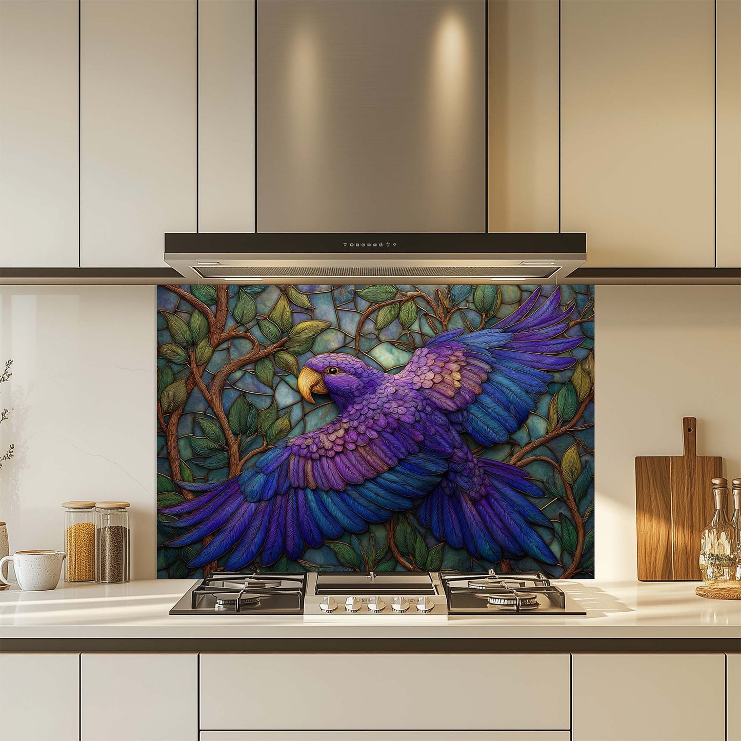 Azure Harmony – Tempered Glass Backsplash for Kitchen Stove | Purple Blue Bird Backsplash