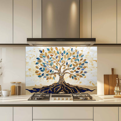 Custom Kitchen Backsplash – Golden Roots Tempered Glass Stove Backsplash