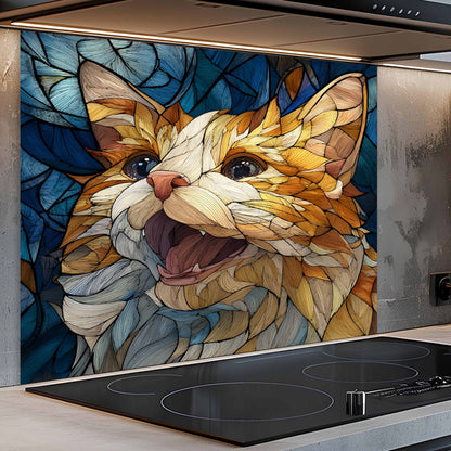 Whisker Joy Tempered Glass Backsplash – Mosaic Look Cat Art for Kitchen