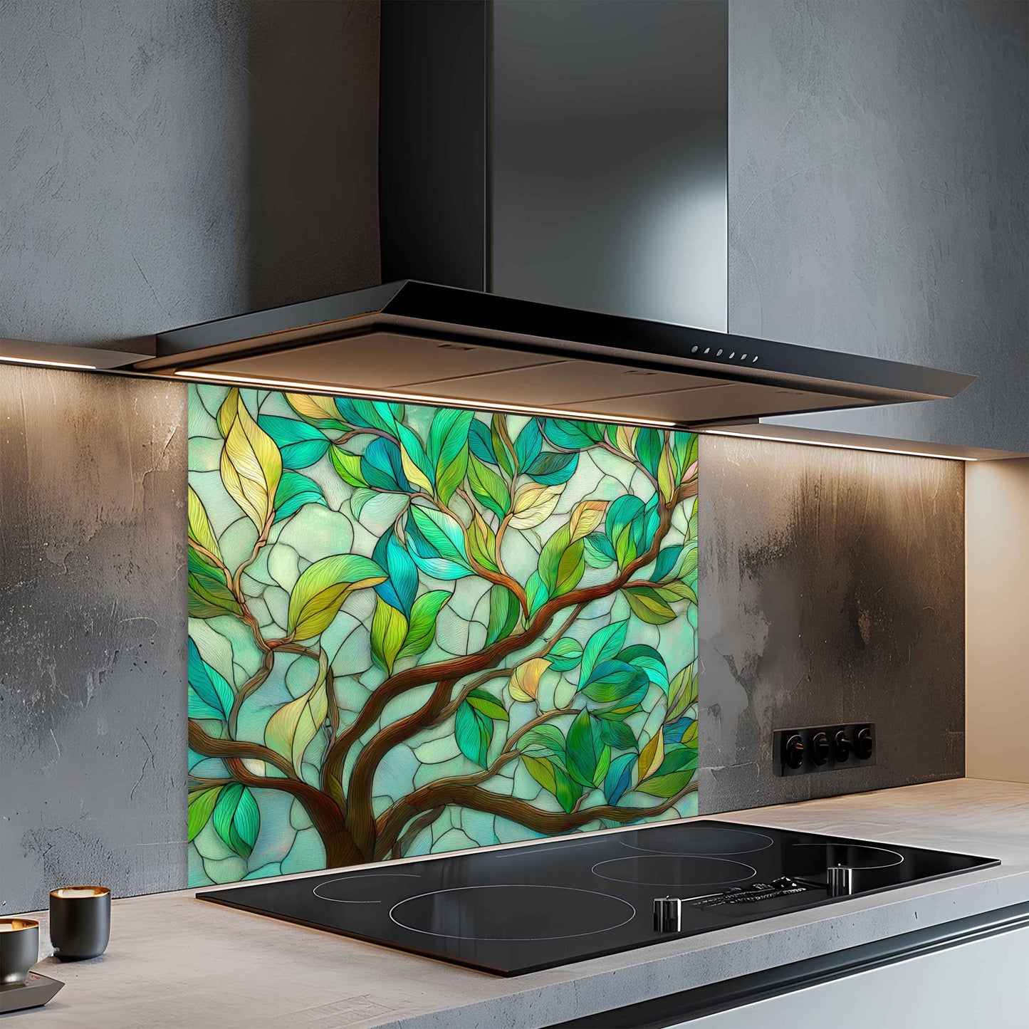 Tranquil Branches – Tempered Glass Backsplash with Tree Branch and Leaf Design