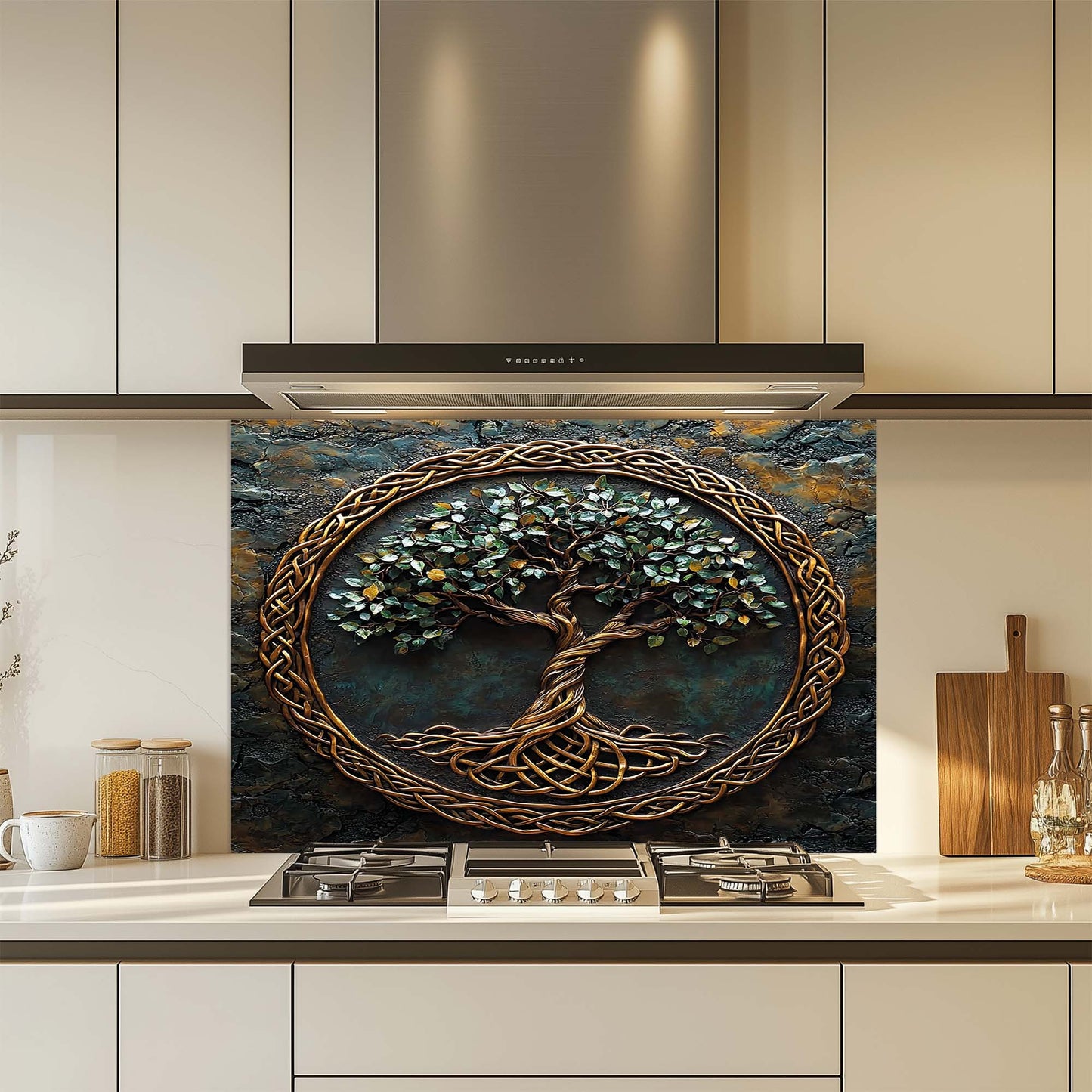 Golden Canopy – Tree of Life Tempered Glass Backsplash | Celtic Copper Look Backsplash