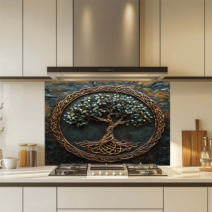 Golden Canopy – Tree of Life Tempered Glass Backsplash | Celtic Copper Look Backsplash