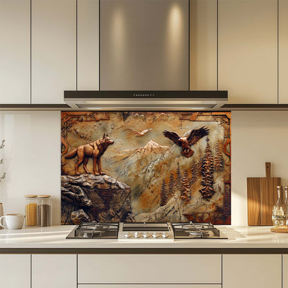 Eagle Wolf – Tempered Glass Backsplash for Kitchen | Bronze Wolf & Mountain Backsplash
