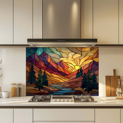 Stained Glass Mountain Sunrise Backsplash – Tempered Glass Backsplash for Kitchen