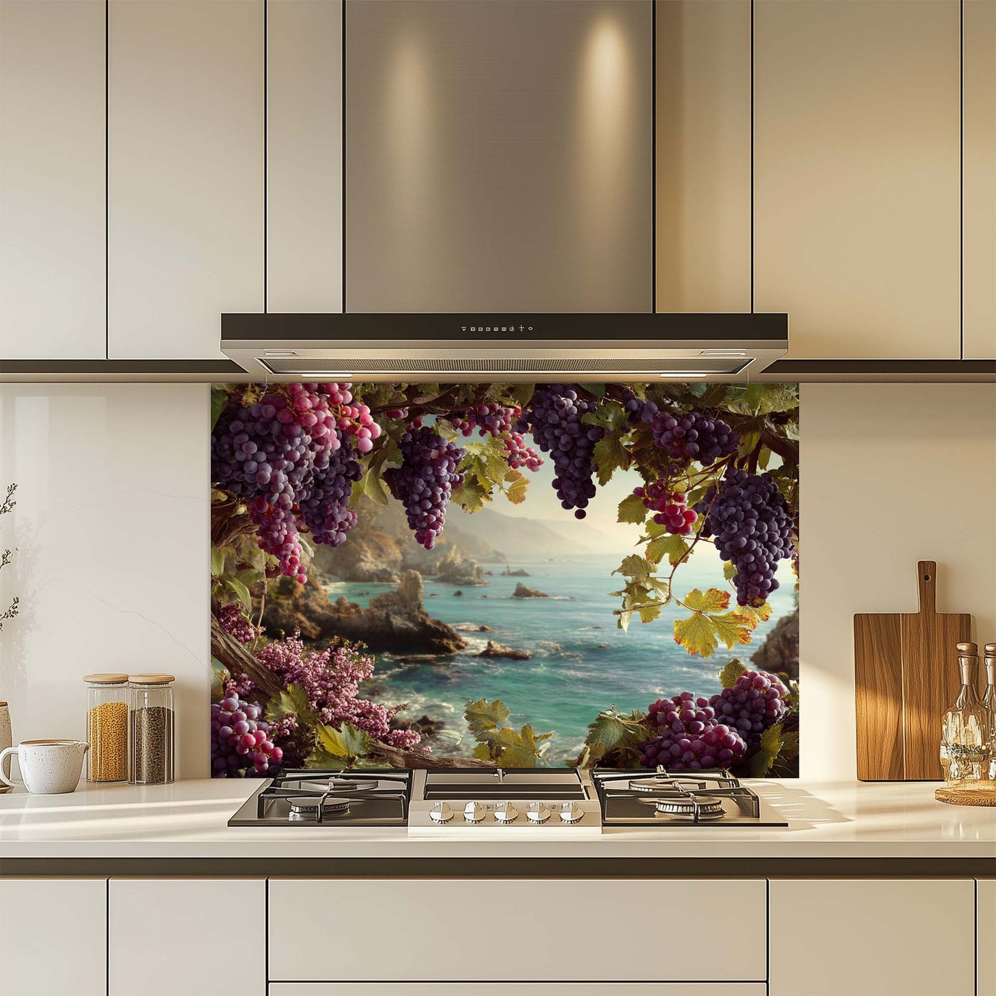 Coastal Grapevine – Tempered Glass Backsplash for Stove | Vineyard Ocean View Backsplash