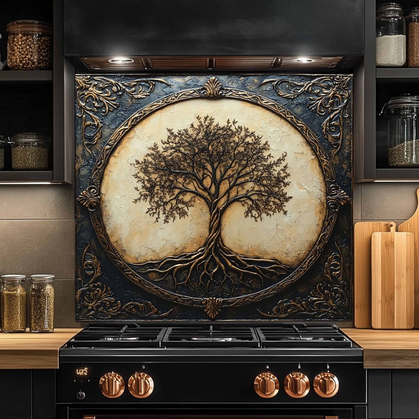 Royal Roots Tempered Glass Backsplash – Vintage Tree of Life Kitchen Stove Backsplash