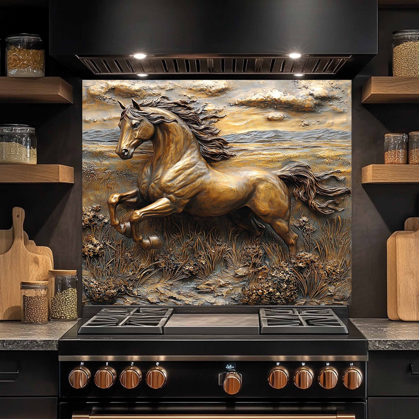 Copper Look Horse Tempered Glass Backsplash – Rustic Kitchen Back splash for Stove