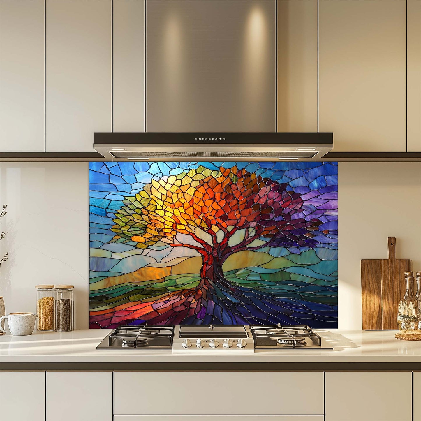 Stained Glass Look Tree of Seasons Backsplash – Tempered Glass Backsplash for Kitchen