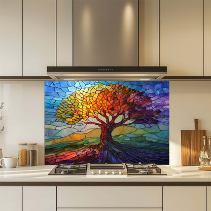 Stained Glass Look Tree of Seasons Backsplash – Tempered Glass Backsplash for Kitchen