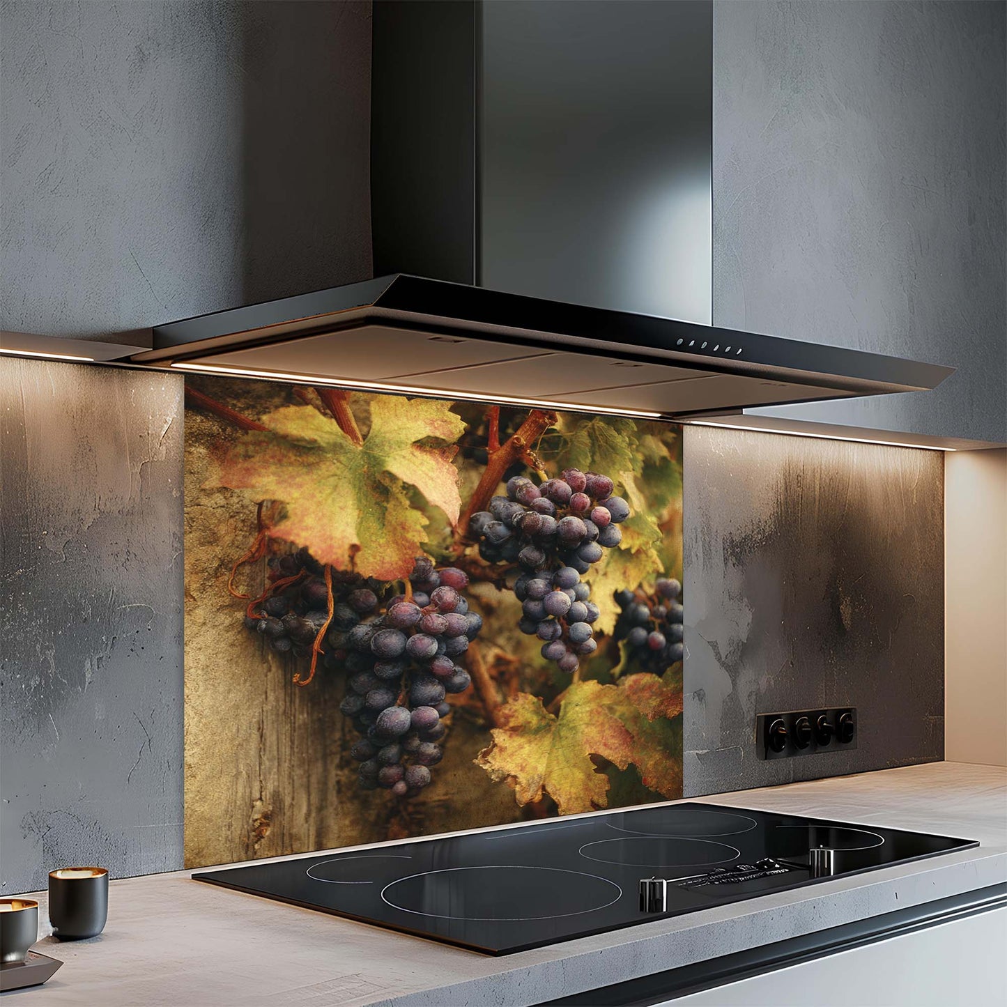 Tuscan Vineyard – Tempered Glass Backsplash for Kitchen – Rustic Wine Grapes Splashback