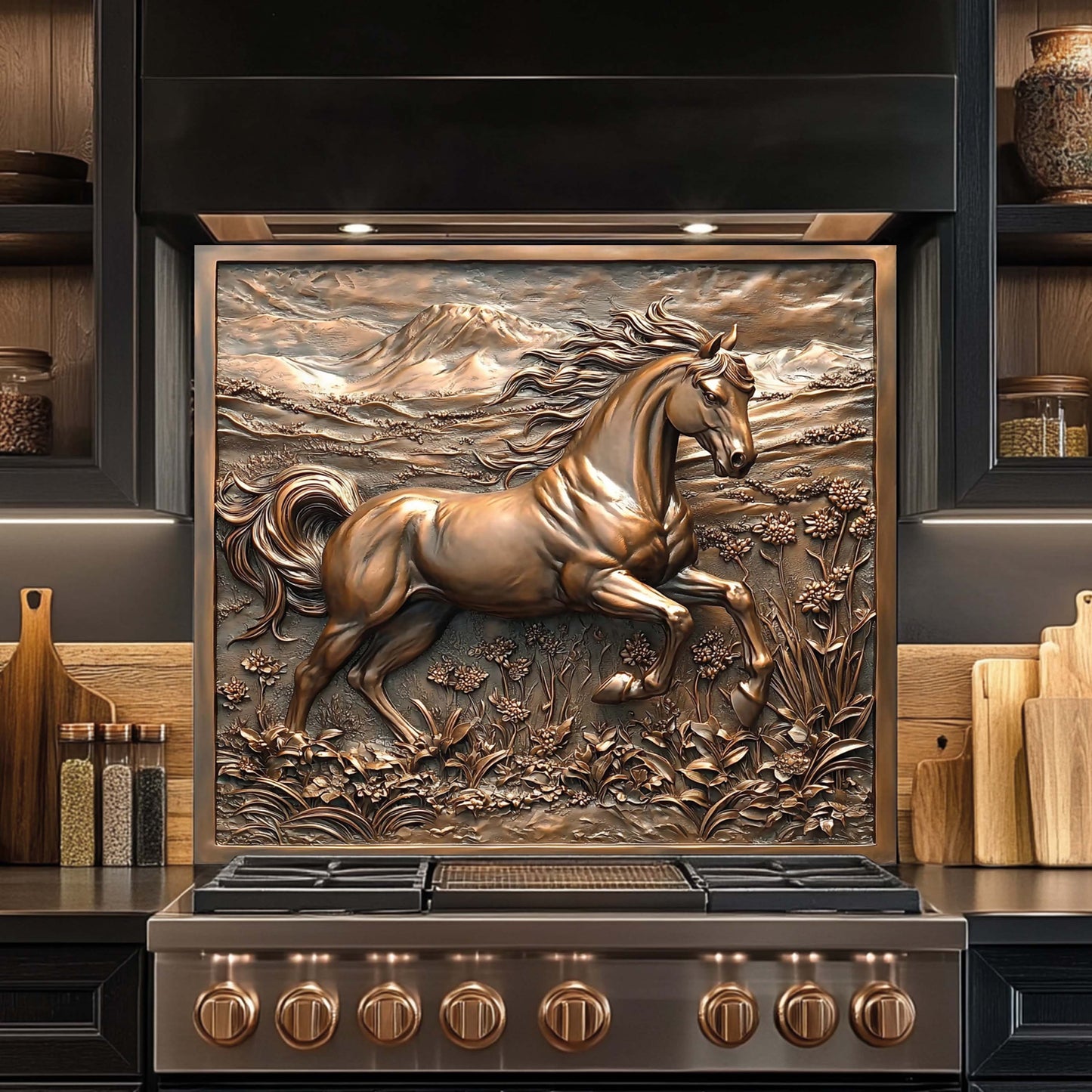 Copper Look Horse Tempered Glass Backsplash – Farmhouse Kitchen Backsplash