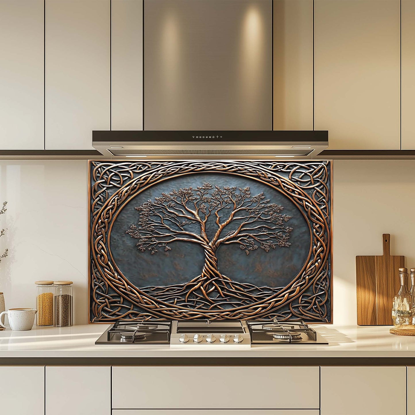 Bronze Roots Tempered Glass Backsplash – Tree of Life Copper Look Kitchen Backsplash