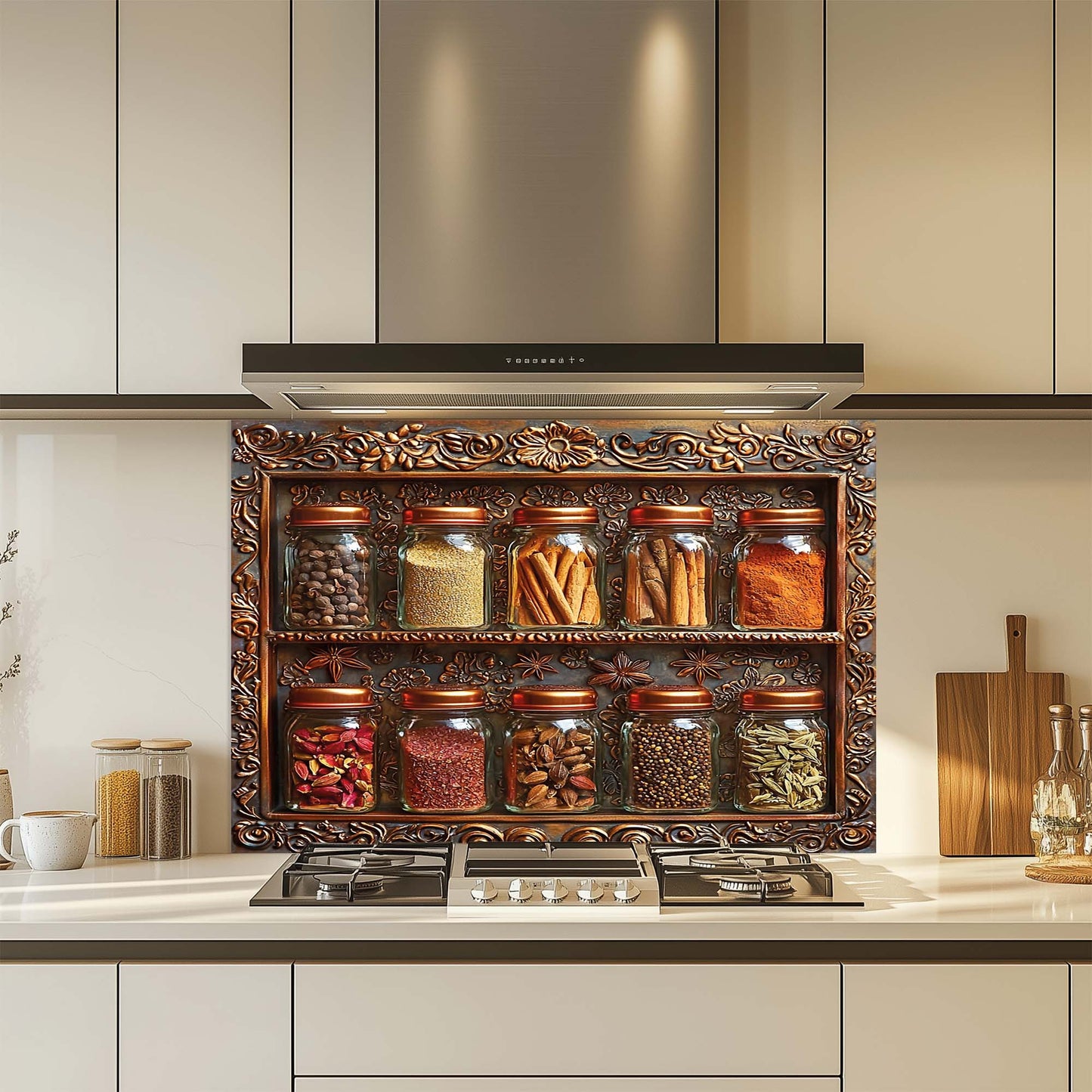 Spice Frame – Tempered Glass Backsplash for Kitchen | Copper Look Spice Jar Backsplash