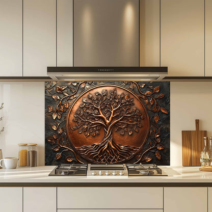 Custom Kitchen Backsplash – Copper Look Tree Tempered Glass Stove Backsplash