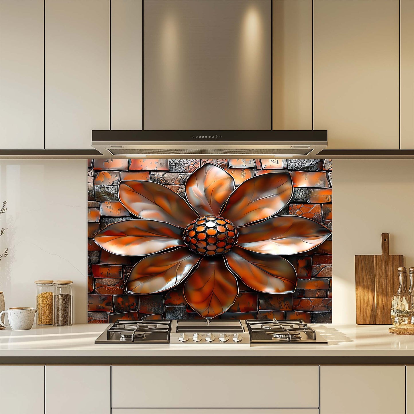 Copper Bloom – Tempered Glass Backsplash for Kitchen | Copper Look Flower Backsplash