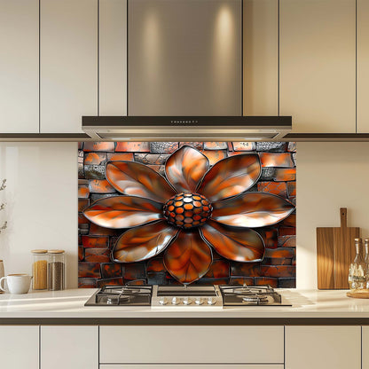 Copper Bloom – Tempered Glass Backsplash for Kitchen | Copper Look Flower Backsplash