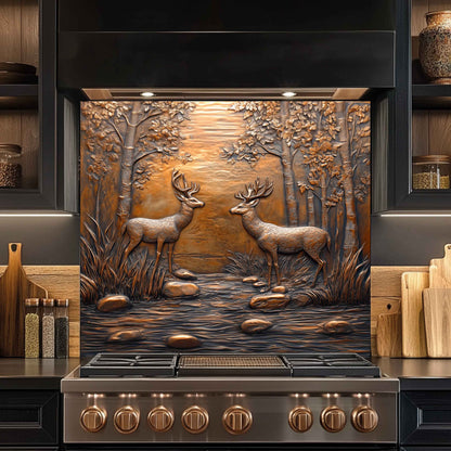 Forest Encounter Tempered Glass Backsplash – Deer Scene Kitchen Backsplash Panel