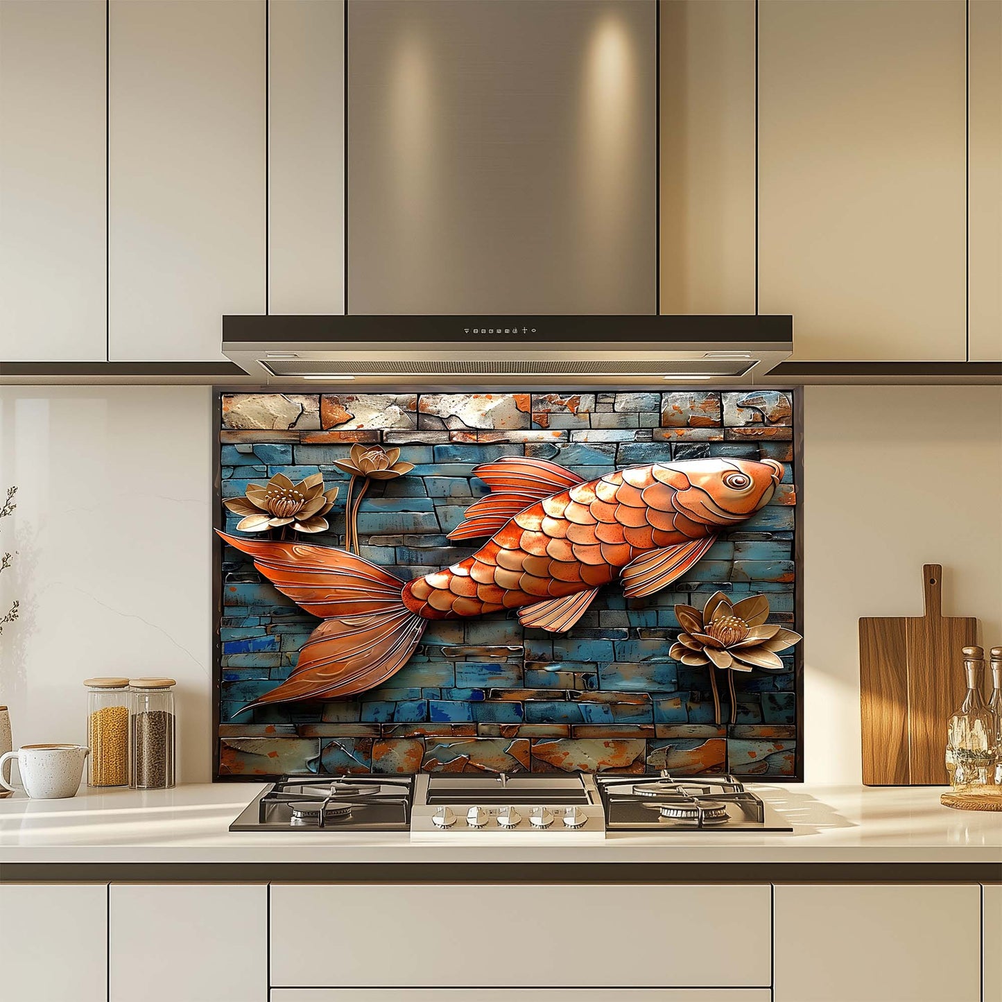 Copper Koi – Tempered Glass Backsplash for Kitchen | Fish and Lotus Copper Look Backsplash