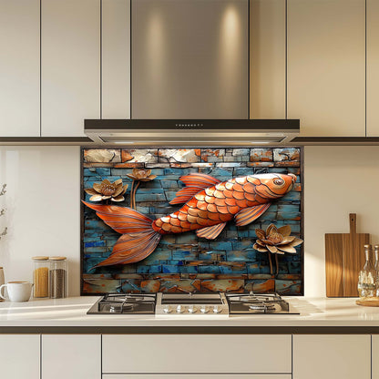Copper Koi – Tempered Glass Backsplash for Kitchen | Fish and Lotus Copper Look Backsplash
