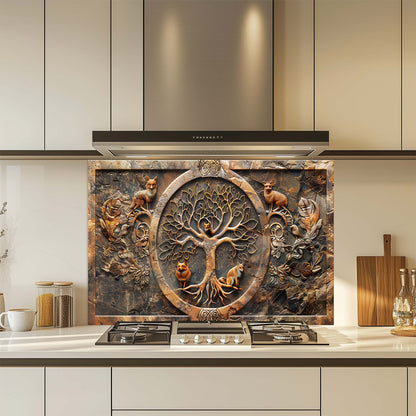 Fox Wisdom Tree – Tempered Glass Backsplash | Tree of Life with Forest Animals Backsplash