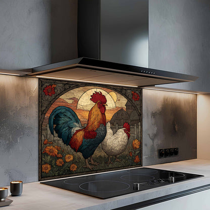 Tempered Glass Backsplash for Kitchen | Vintage Rooster and Hen Farm Design