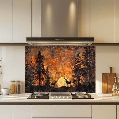 Forest Ember – Tempered Glass Backsplash for Kitchen | Deer & Pine Tree Silhouette Backsplash