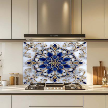 Majestic Sapphire – Tempered Glass Backsplash for Kitchen – Blue & Gold Mandala Splashback