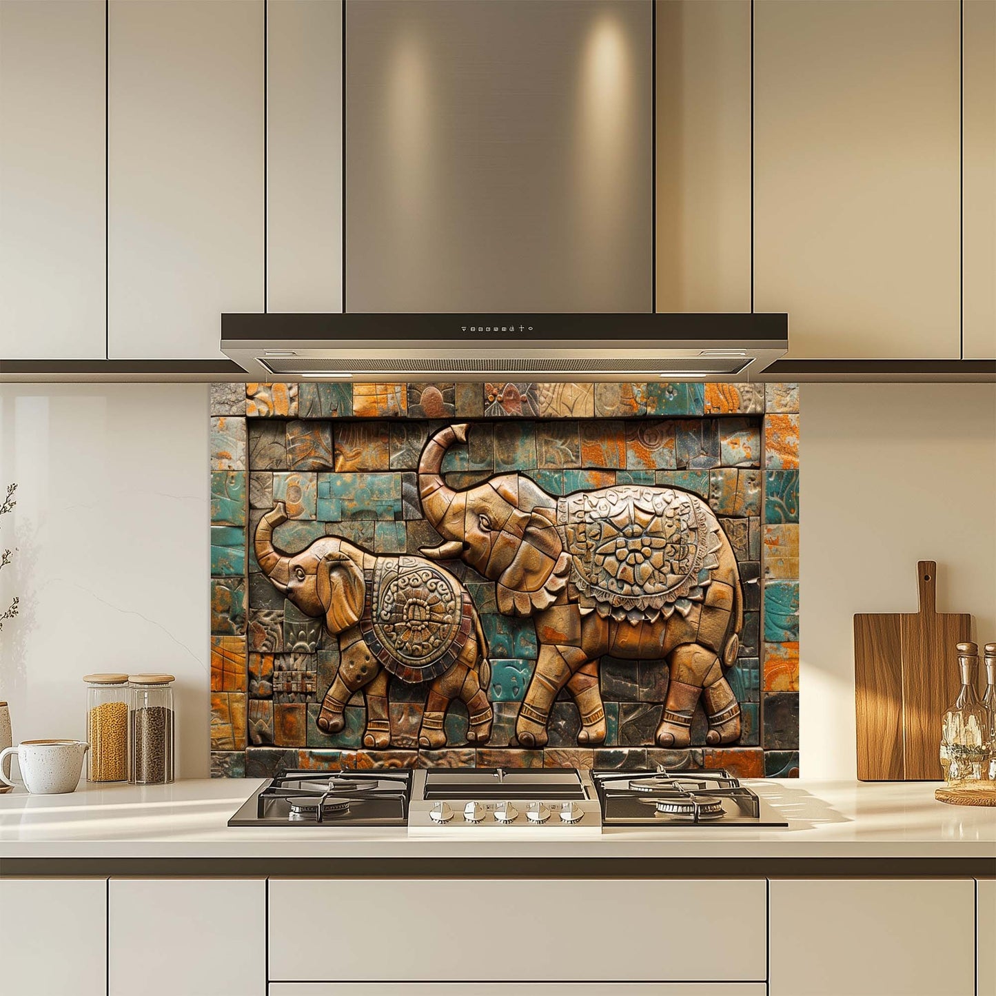 Elephant March Mosaic Tempered Glass Backsplash | Artistic Stove Glass Backsplash