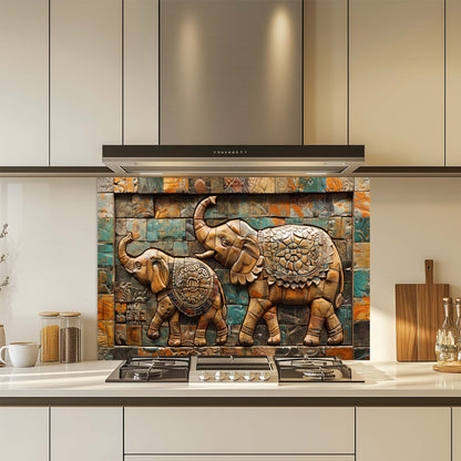 Elephant March Mosaic Tempered Glass Backsplash | Artistic Stove Glass Backsplash