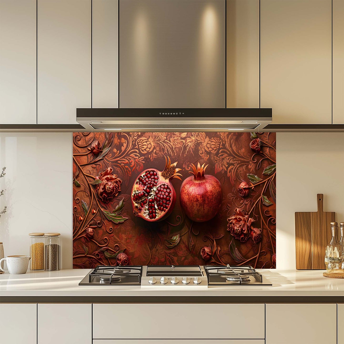 Pomegranate Bloom – Tempered Glass Backsplash | Red Fruit & Floral Kitchen Backsplash
