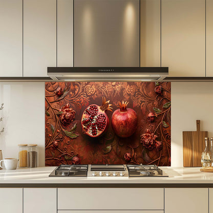 Pomegranate Bloom – Tempered Glass Backsplash | Red Fruit & Floral Kitchen Backsplash