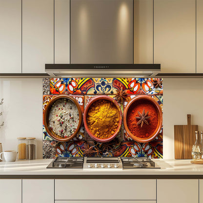 Spice Harmony – Tempered Glass Backsplash for Kitchen | Colorful Spice Bowls Backsplash