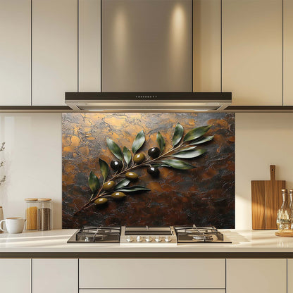 Olive Harmony – Tempered Glass Backsplash for Kitchen Stove | Rustic Olive Branch Backsplash