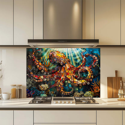 Octopus Odyssey – Tempered Glass Backsplash for Kitchen – Stained Glass Look Splashback