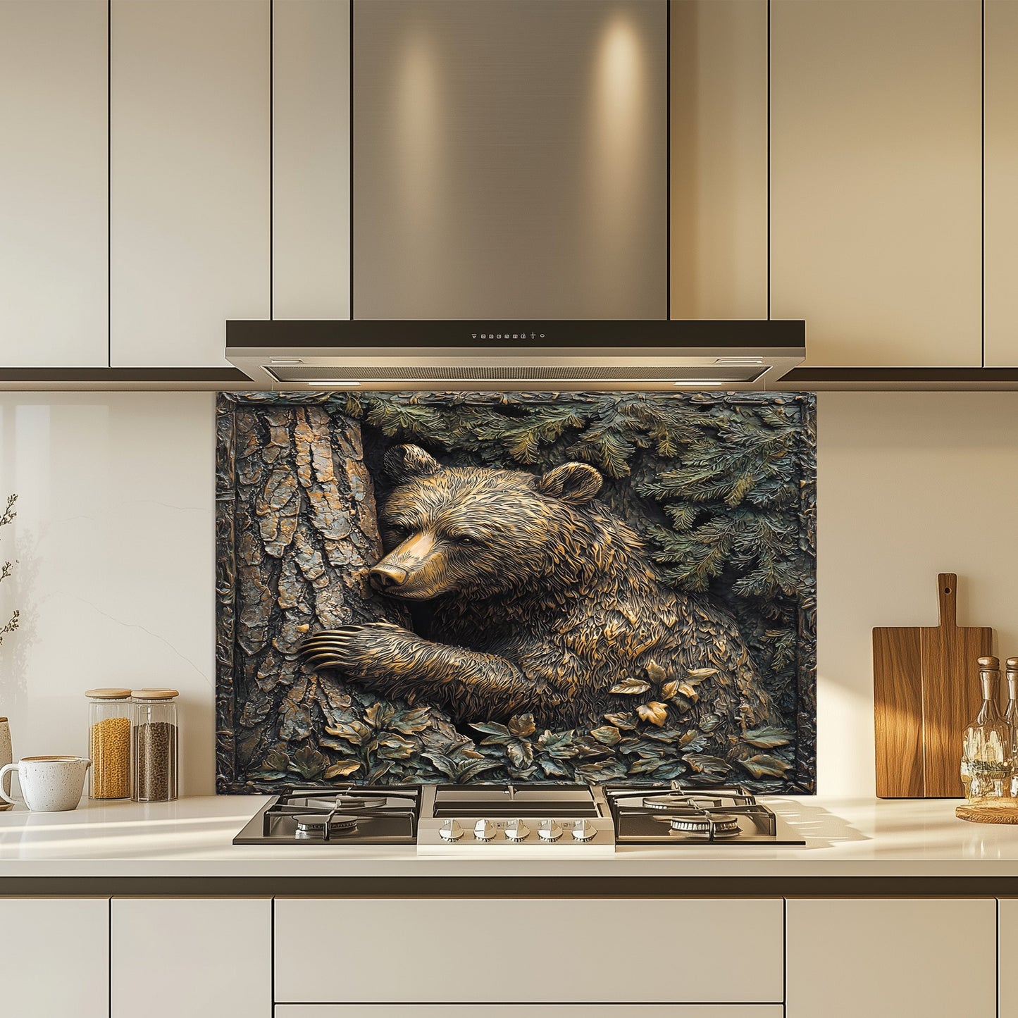 Forest Hug – Tempered Glass Backsplash for Rustic Kitchen | Bear & Pine Tree Copper Look