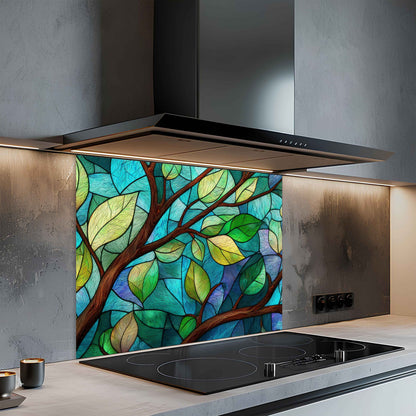 Tranquil Branches – Tempered Glass Backsplash for Kitchen | Tree Leaves Splashback