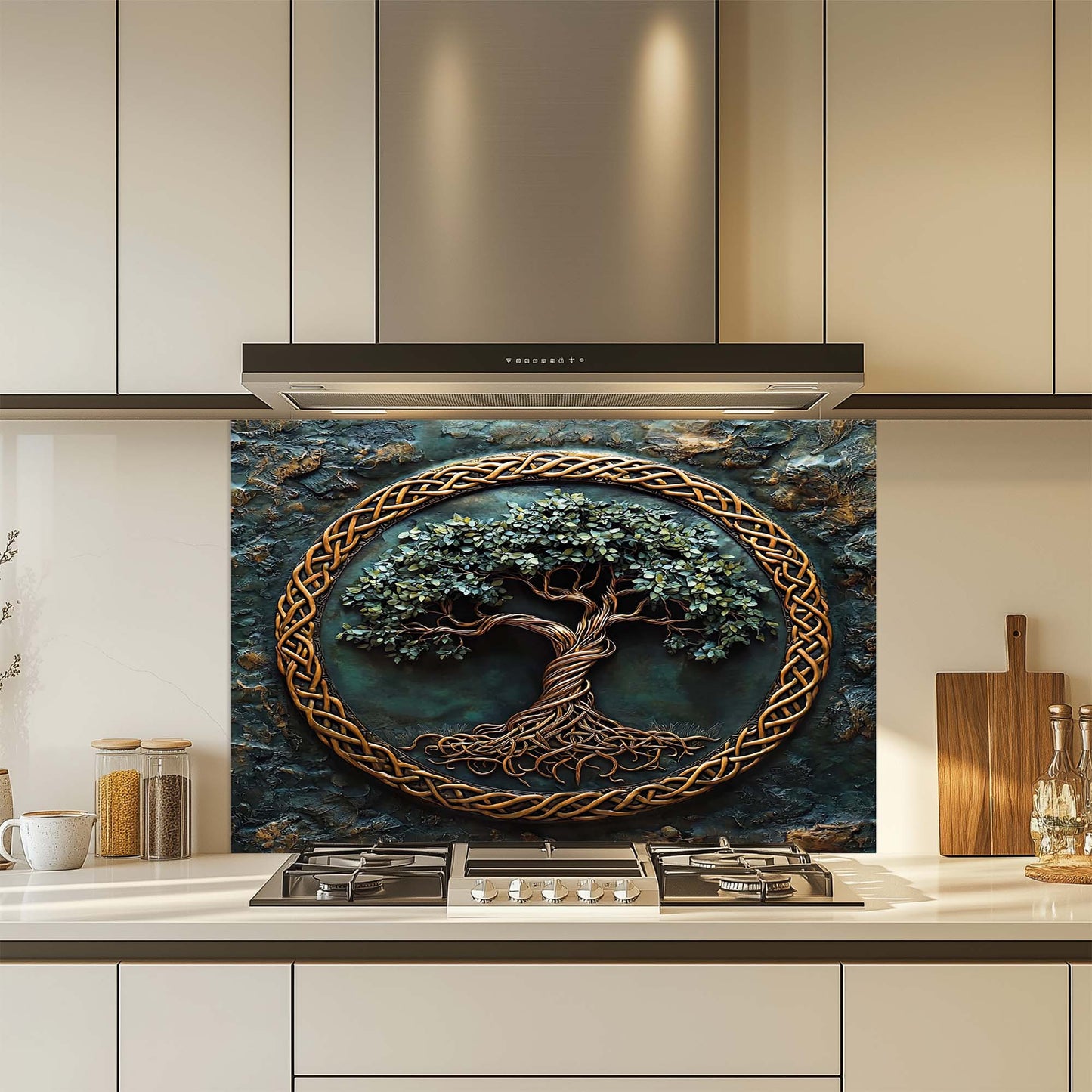 Emerald Roots – Tree of Life Tempered Glass Backsplash | Copper Celtic Kitchen Backsplash