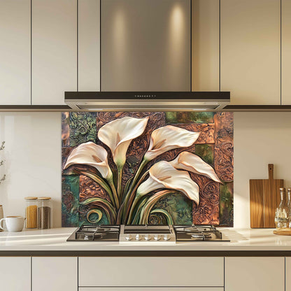 Tempered Glass Kitchen Backsplash With Bronze Calla Bloom Design